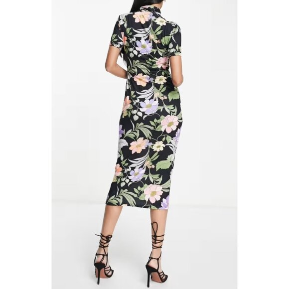 ASOS Keyhole Midi Sketchy Floral Print Asian Chinese Oriental Japanese Cut-Out 4 - Picture 2 of 10